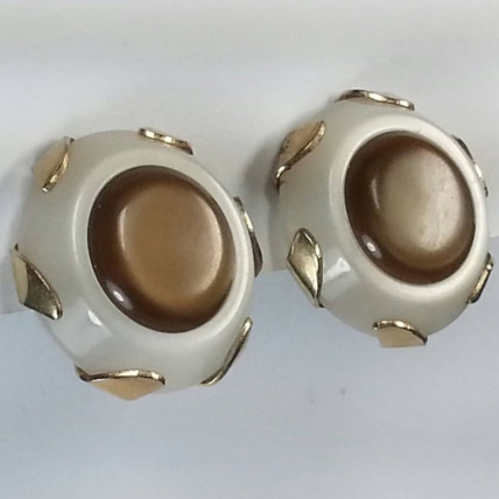 Translucent Brown White Plastic Button Earrings - image 1